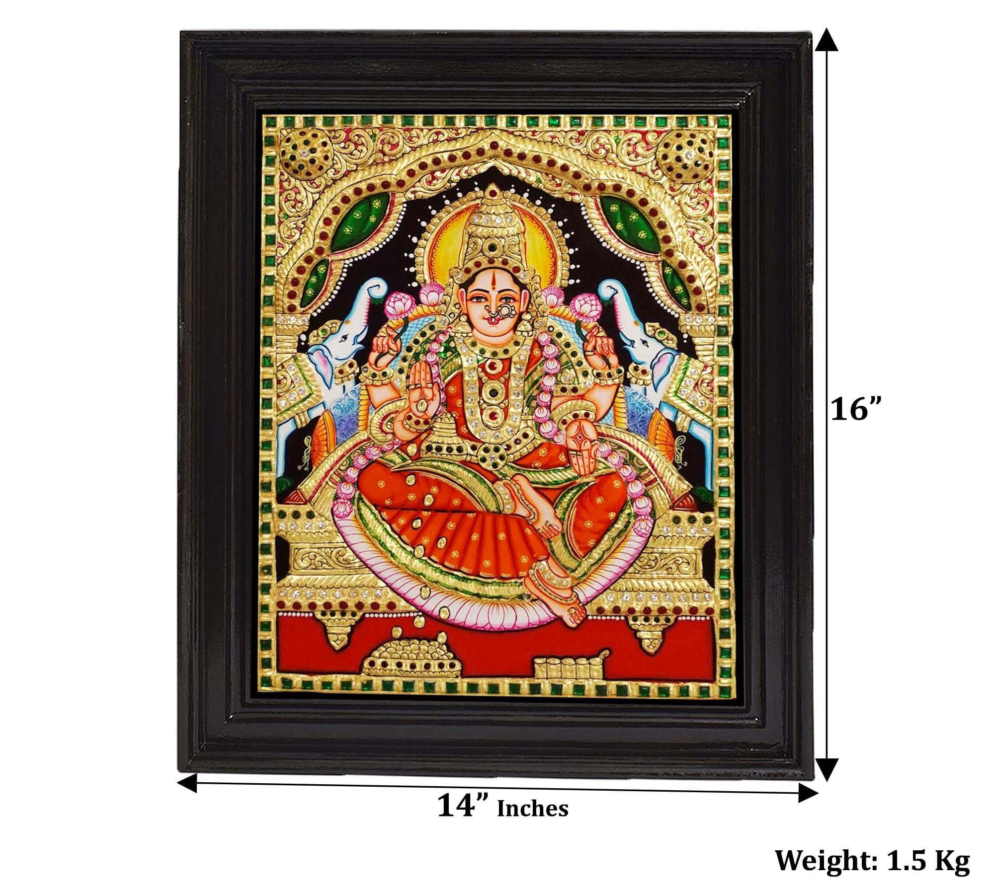 Tarang Arts Gaja Lakshmi Tanjore Paintings With Wooden Frame, 3D Emboss Design, Gold Foil, Jaipur Stones Handwork Painting For H